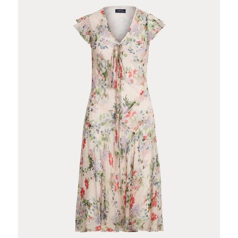 Polo Ralph Lauren Dress Womens Size 0 Multicolor Floral Flutter Sleeve
